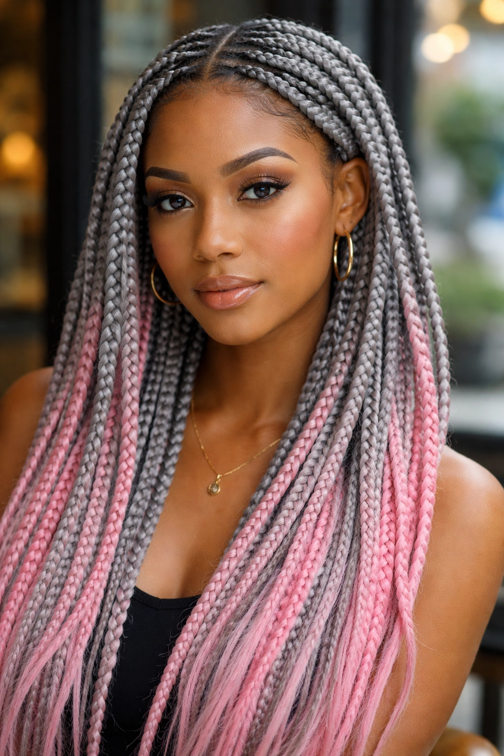 Portrait of a real woman with grey base and pink underlayer feed-in braids.
