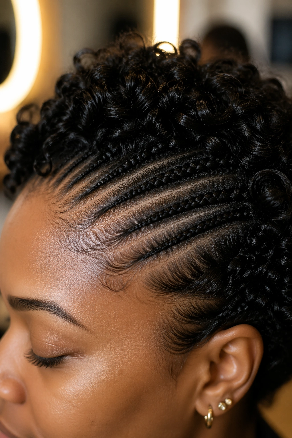 Close-up of mini feed-in braids along the hairline on short curls.