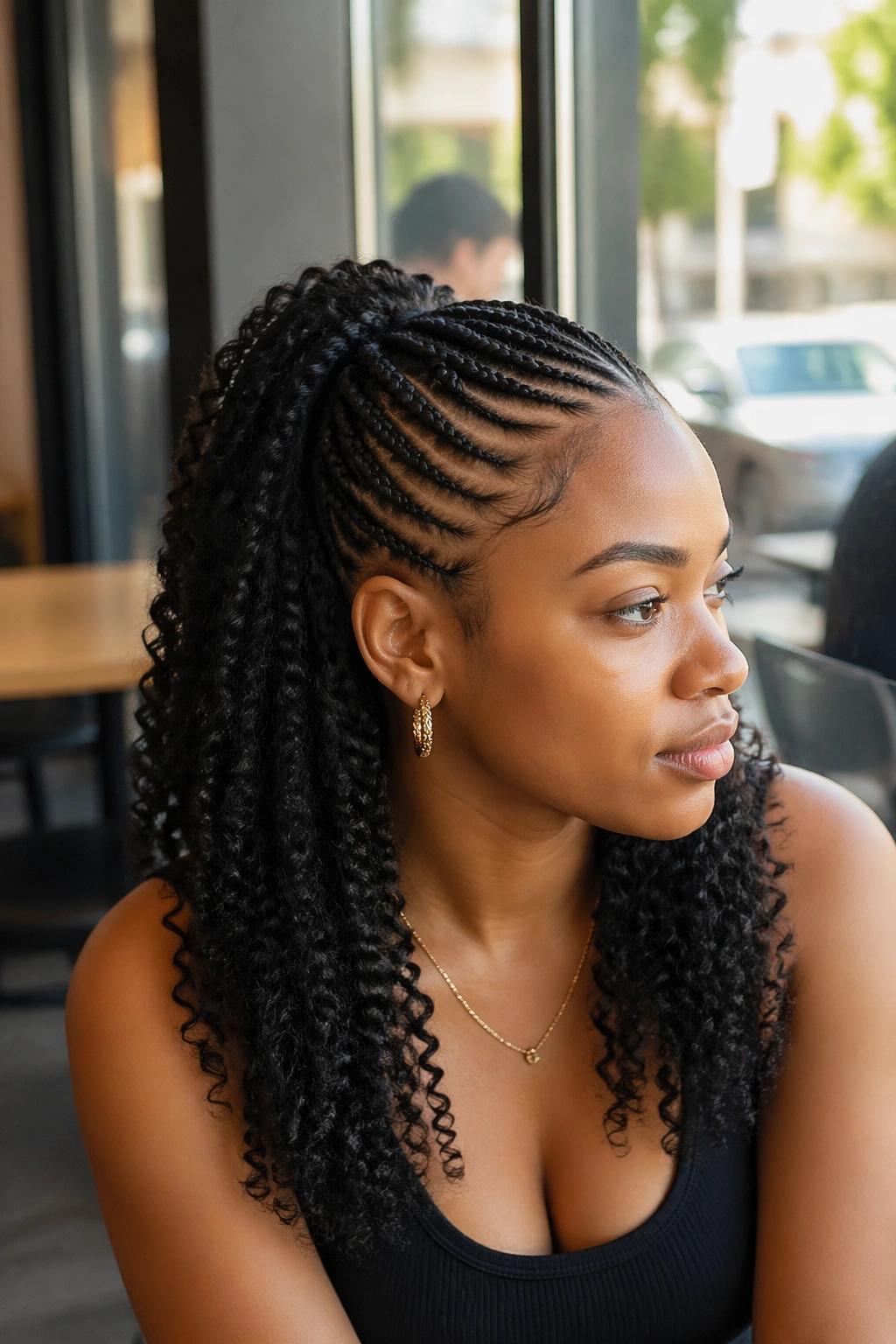 Close-up of a real Black woman with feed-in braids into a half up ponytail