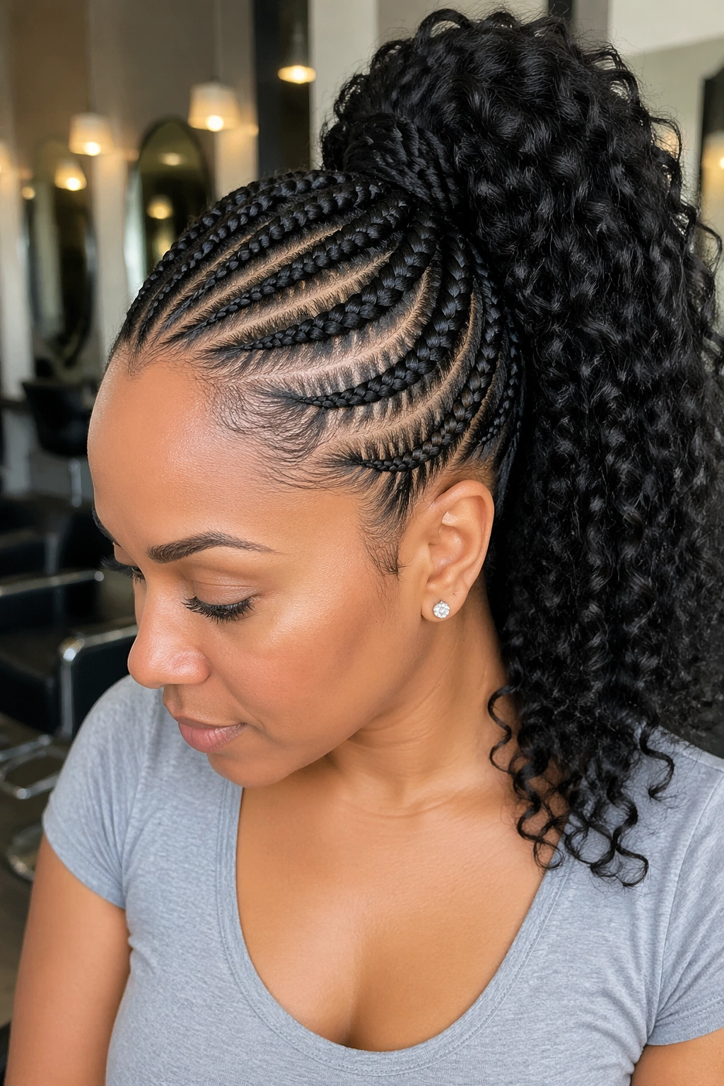 Real woman with feed-in braids into a high ponytail