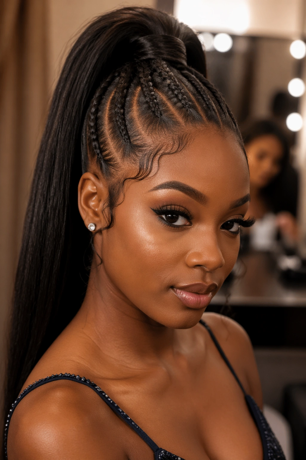 Close-up of a real Black woman with high ponytail and front feed-in braids in a backstage dressing room