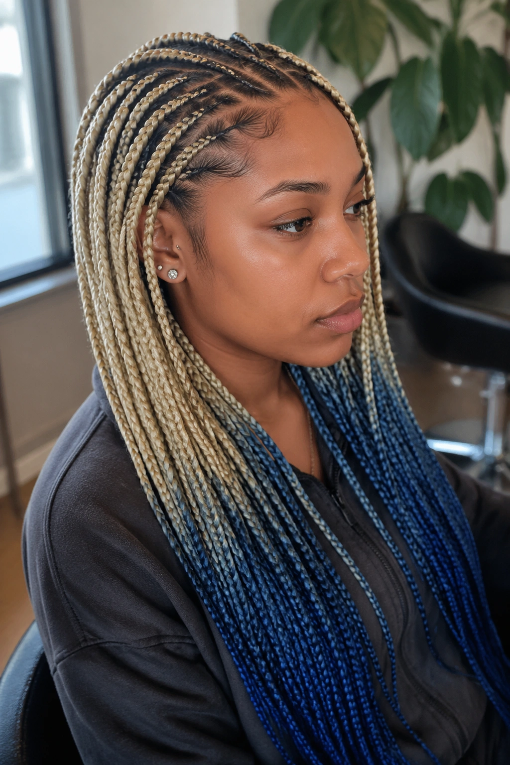Real woman with layered feed-in blonde and blue box braids, portrait.