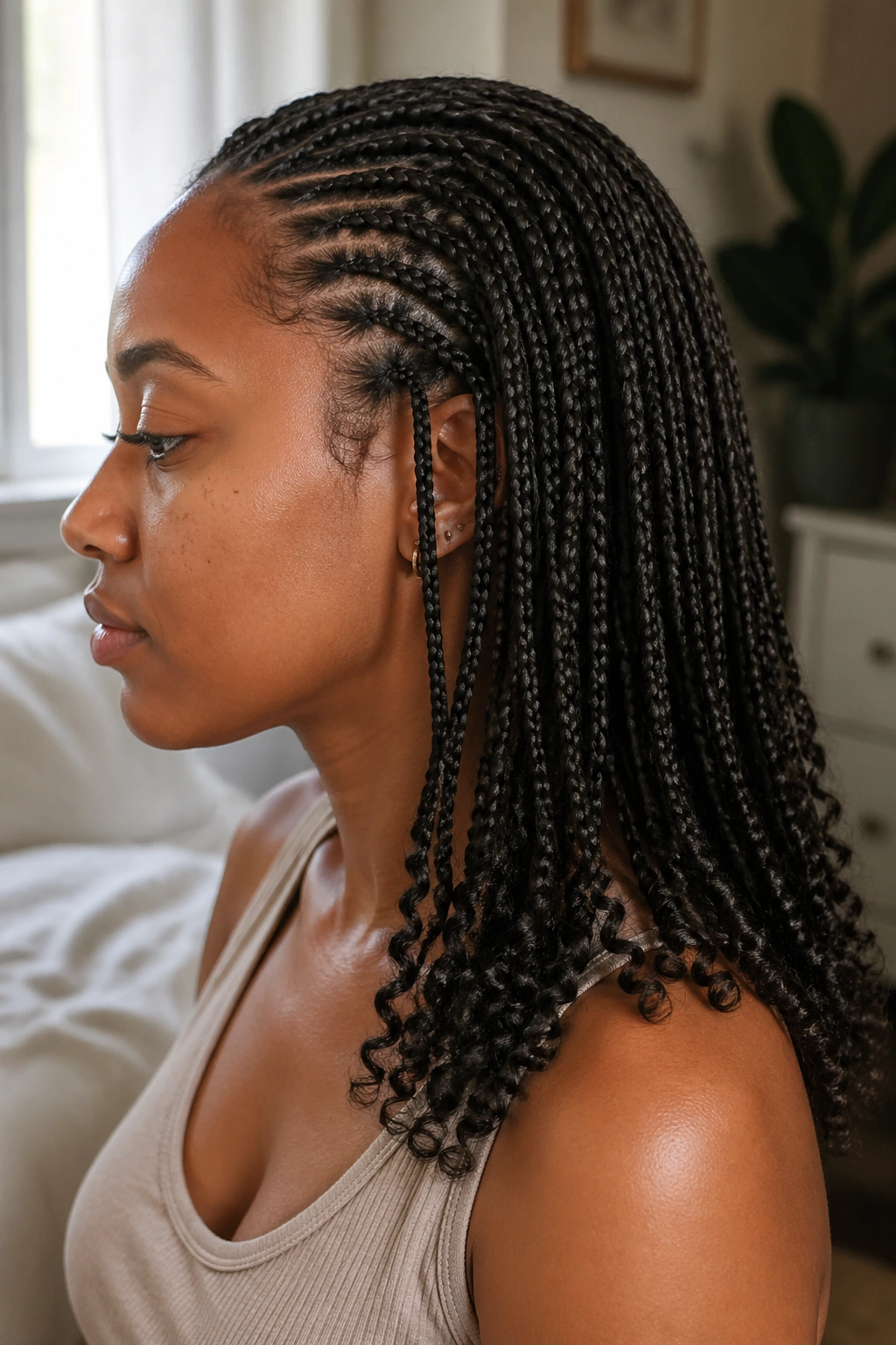 Side-profile of a person with feed-in braids and loose coil ends