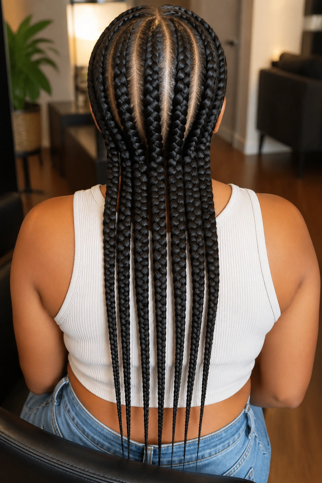Back view of eight feed-in cornrows reaching mid-back length.
