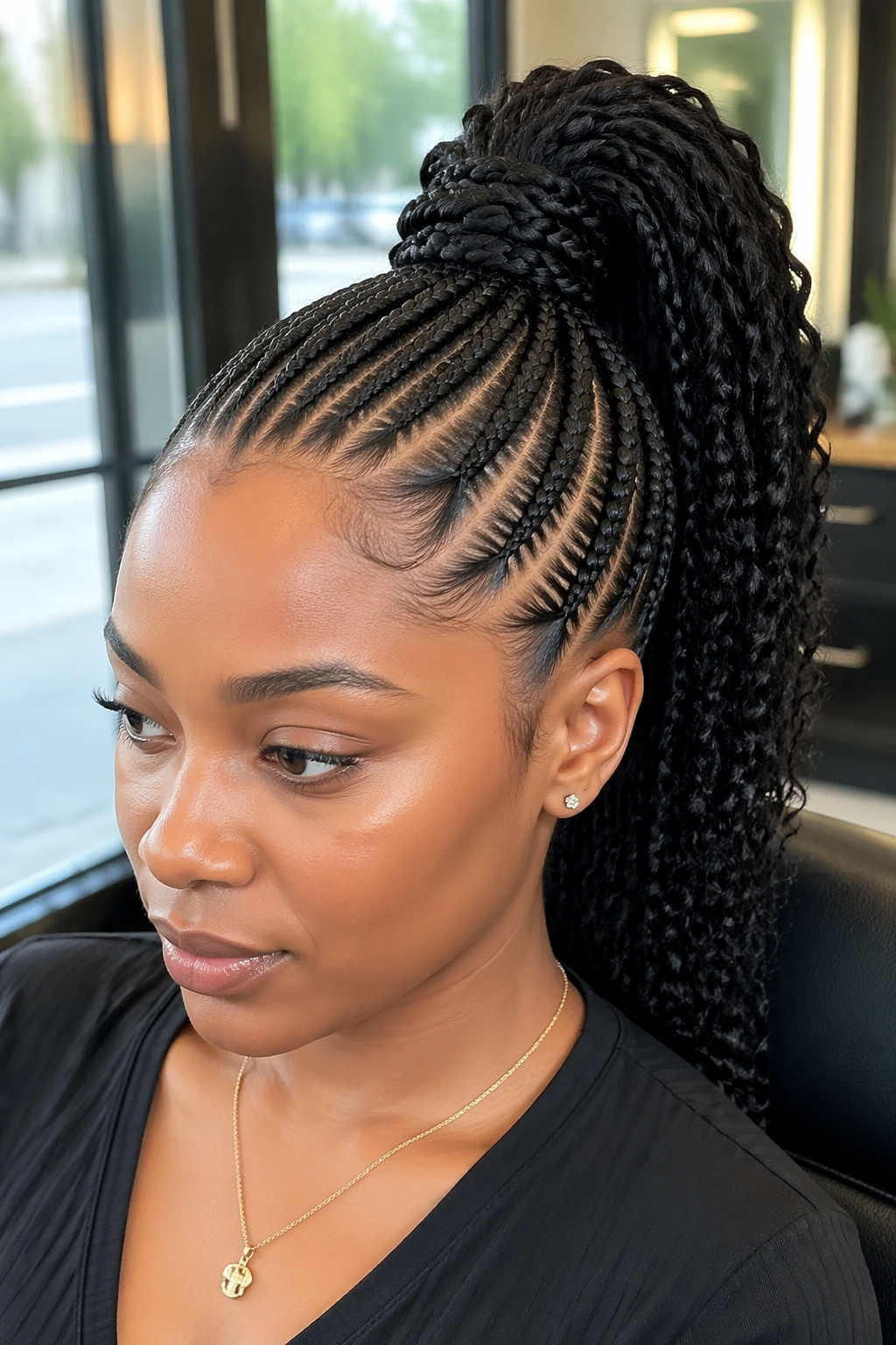 Portrait of a woman with a high ponytail featuring feed-in braids.