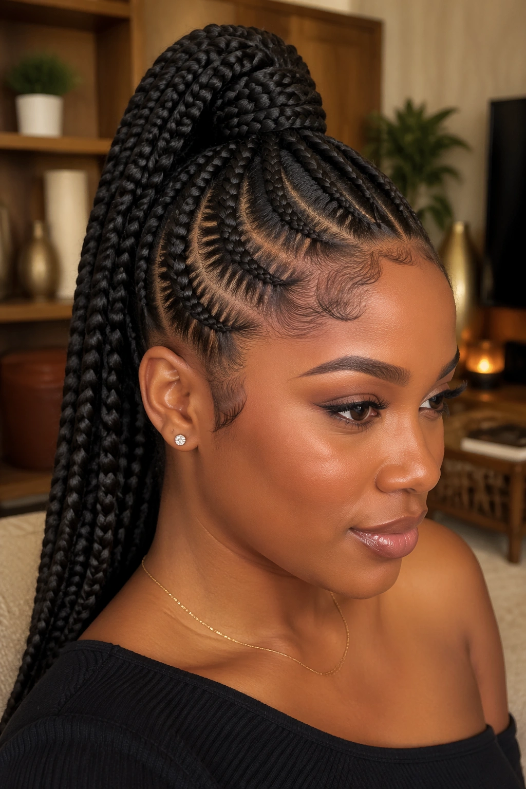 Close-up portrait of a real Black woman with feed-in braids forming a high ponytail
