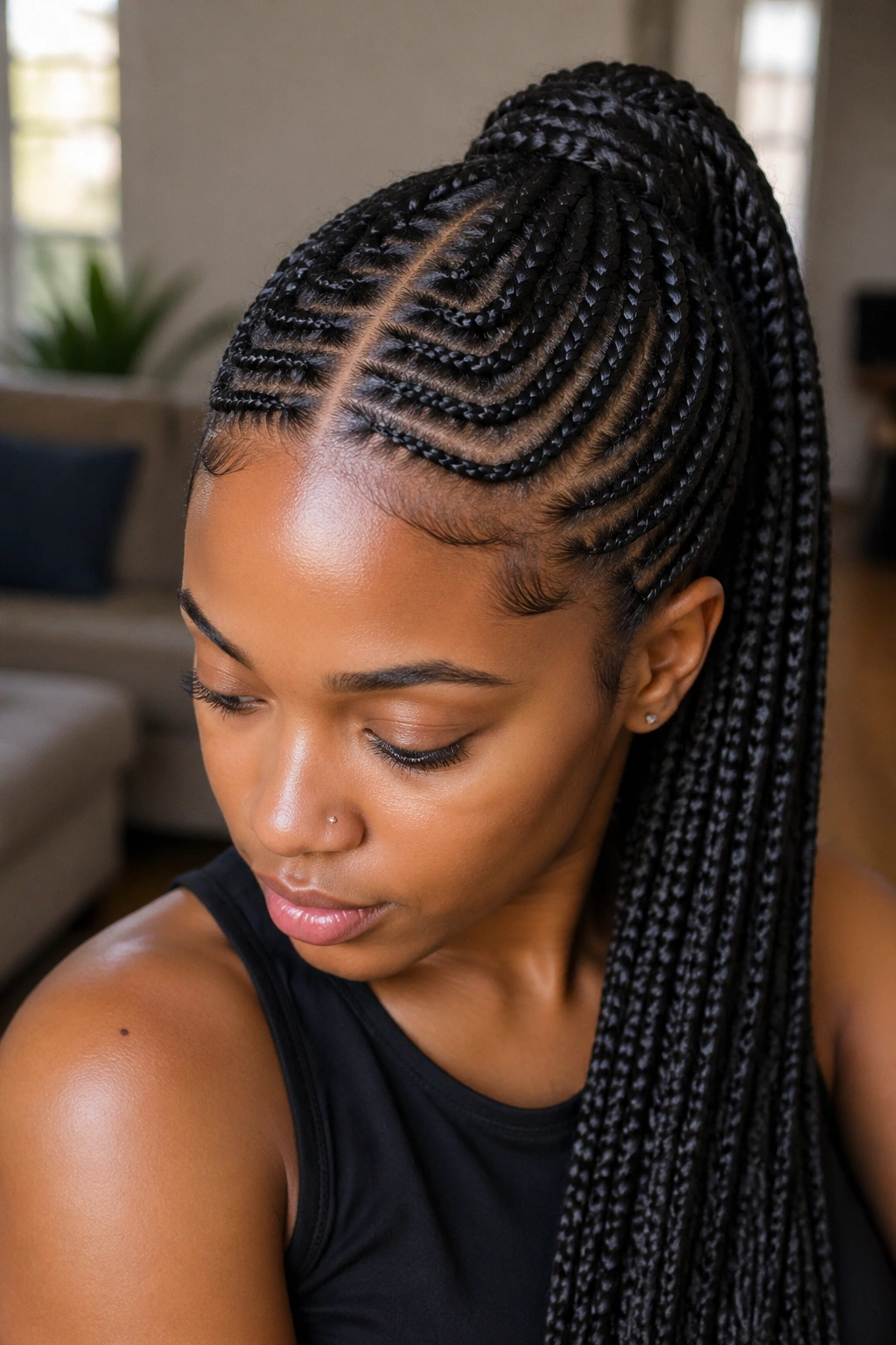 Close-up of a real woman with feed-in braids forming a ponytail