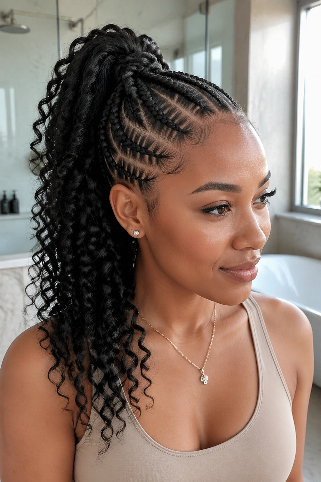 Close-up of a person with feed-in braids forming a high ponytail with curly ends.