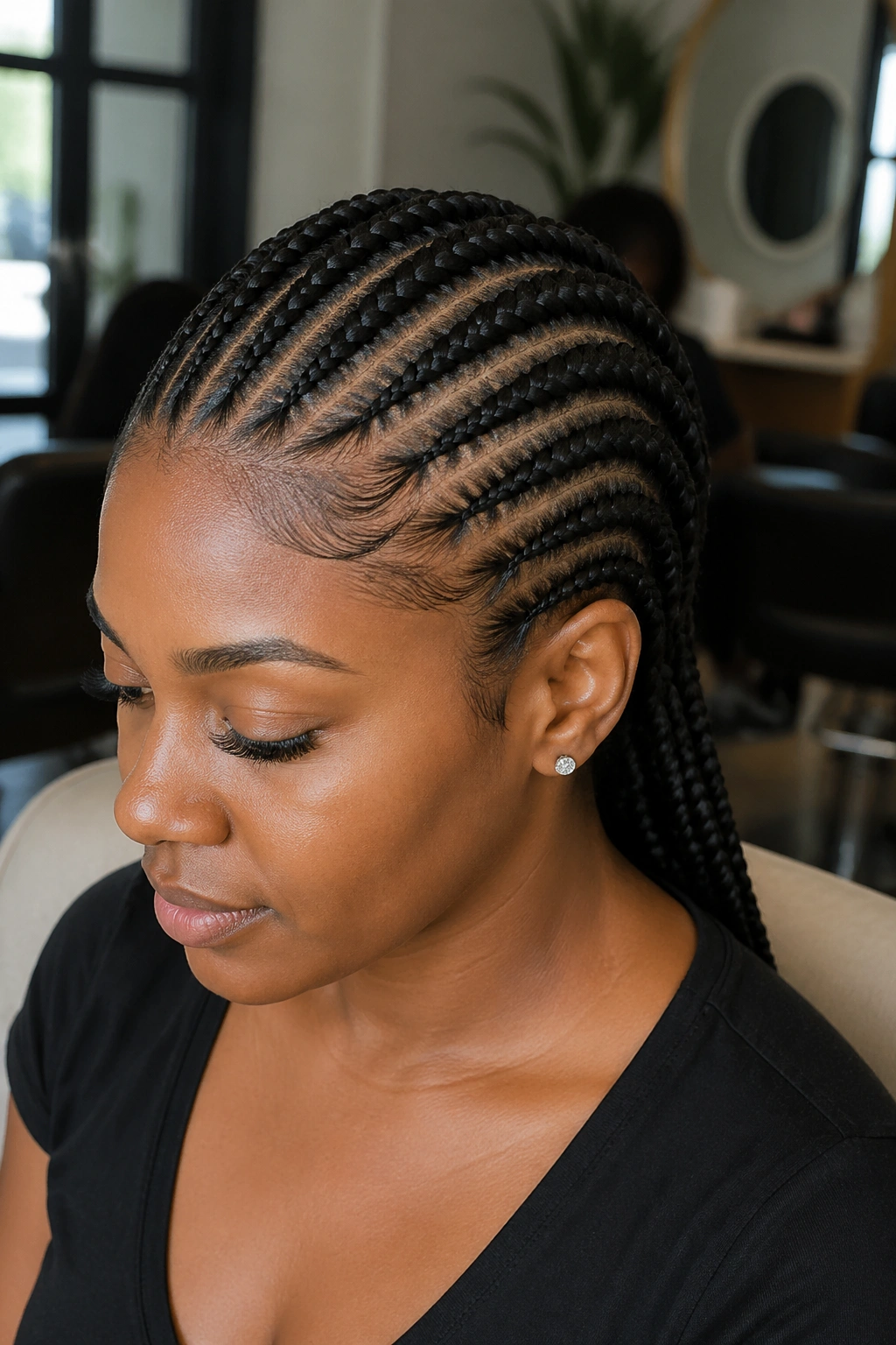 Portrait of a real woman with neat feed-in braids covering the scalp