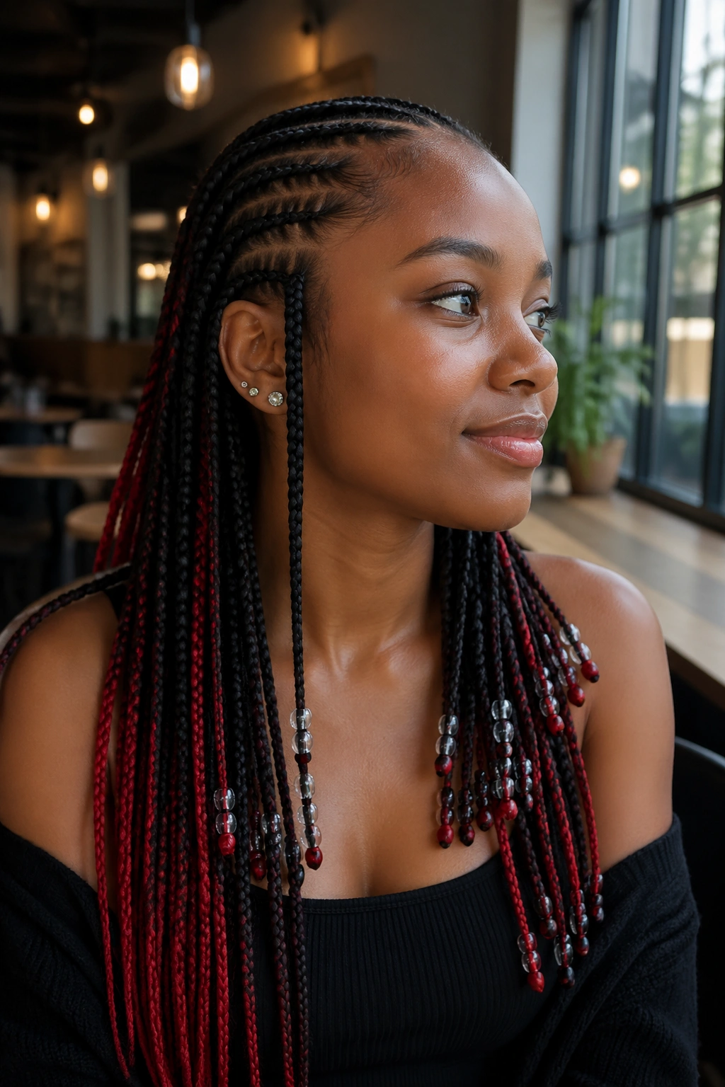 Real woman with feed-in front braids showing back-half red and glass beads on the ends