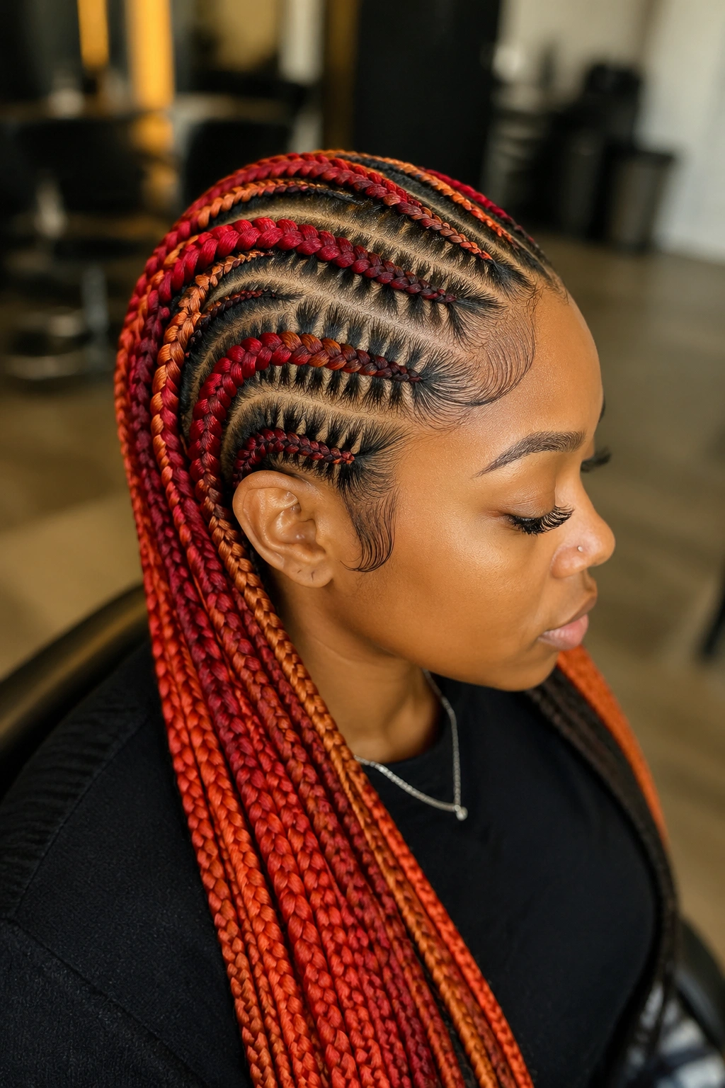 Real person with rust and scarlet panel feed-in braids.