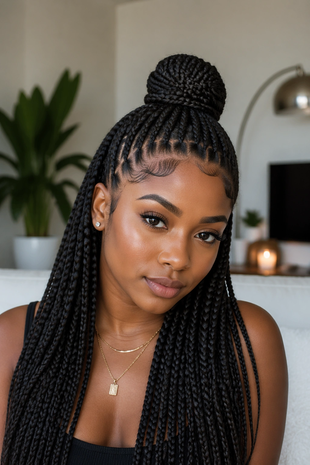 Close-up of a feed-in braided top knot with length left free on a real woman in a living room