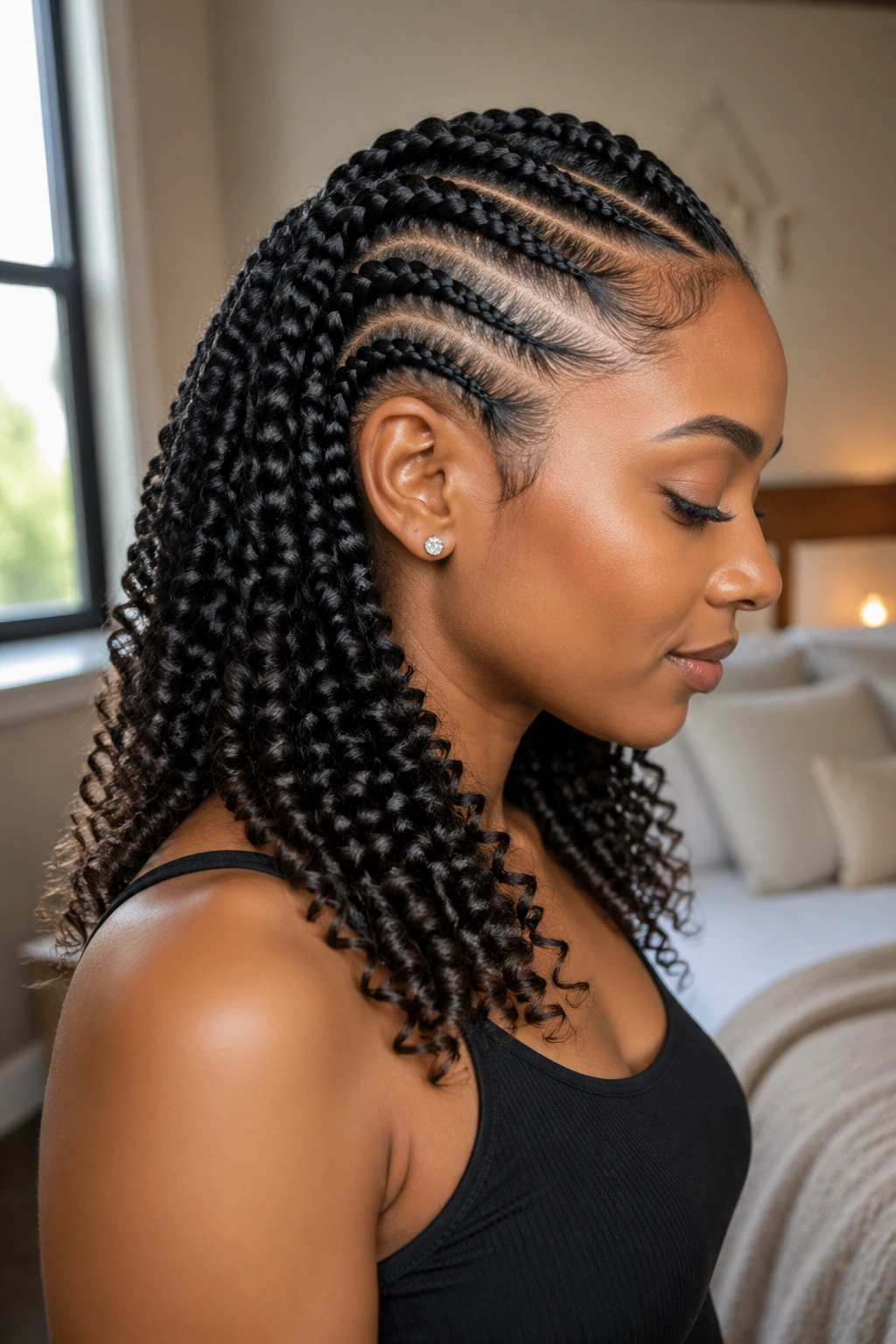 Close-up profile of Feed-In Braids With Curly Twist-Out Sections on a real person.