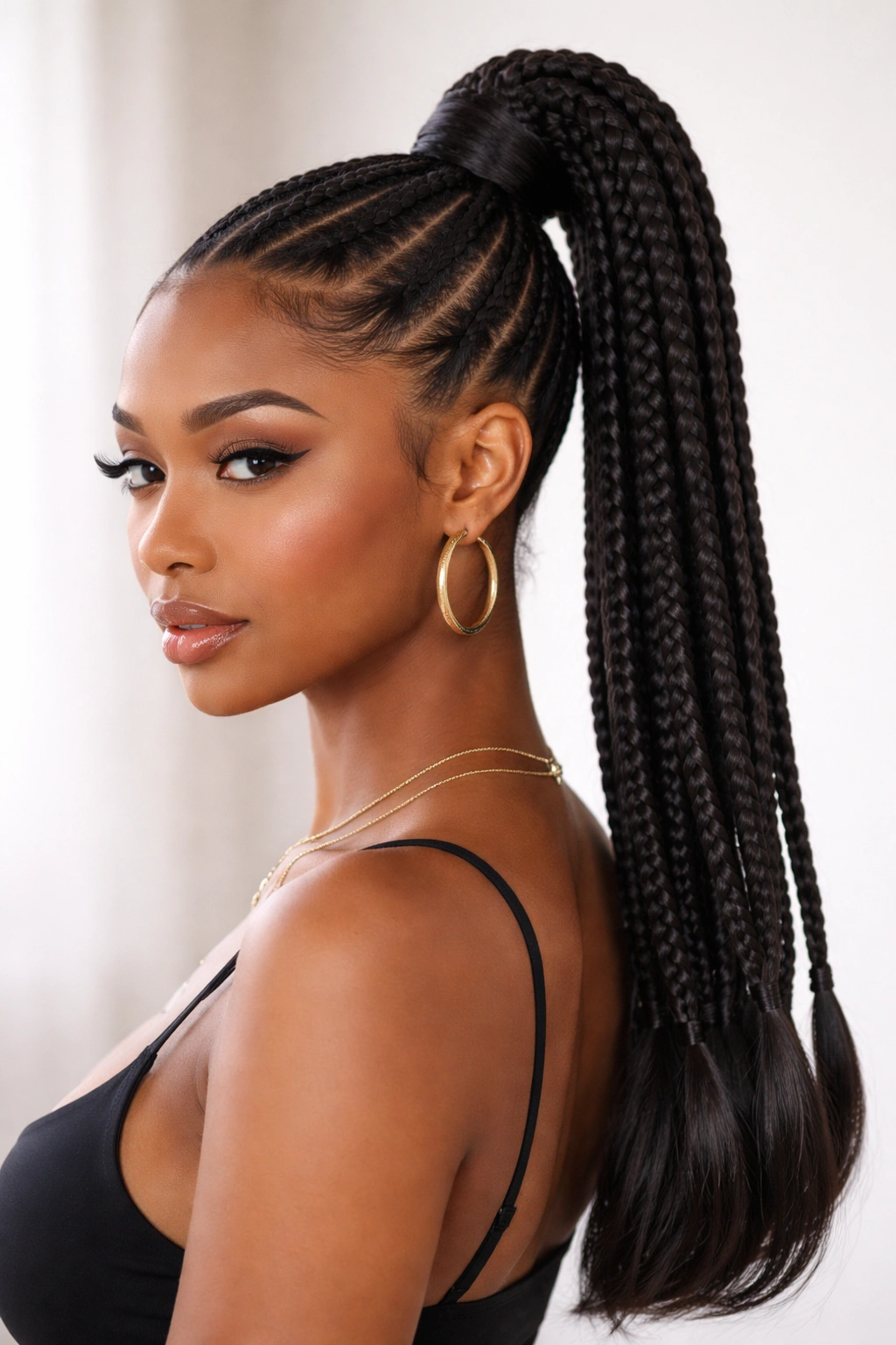 Portrait of a Black woman with a high pony featuring feed-in braids and wrapped ends