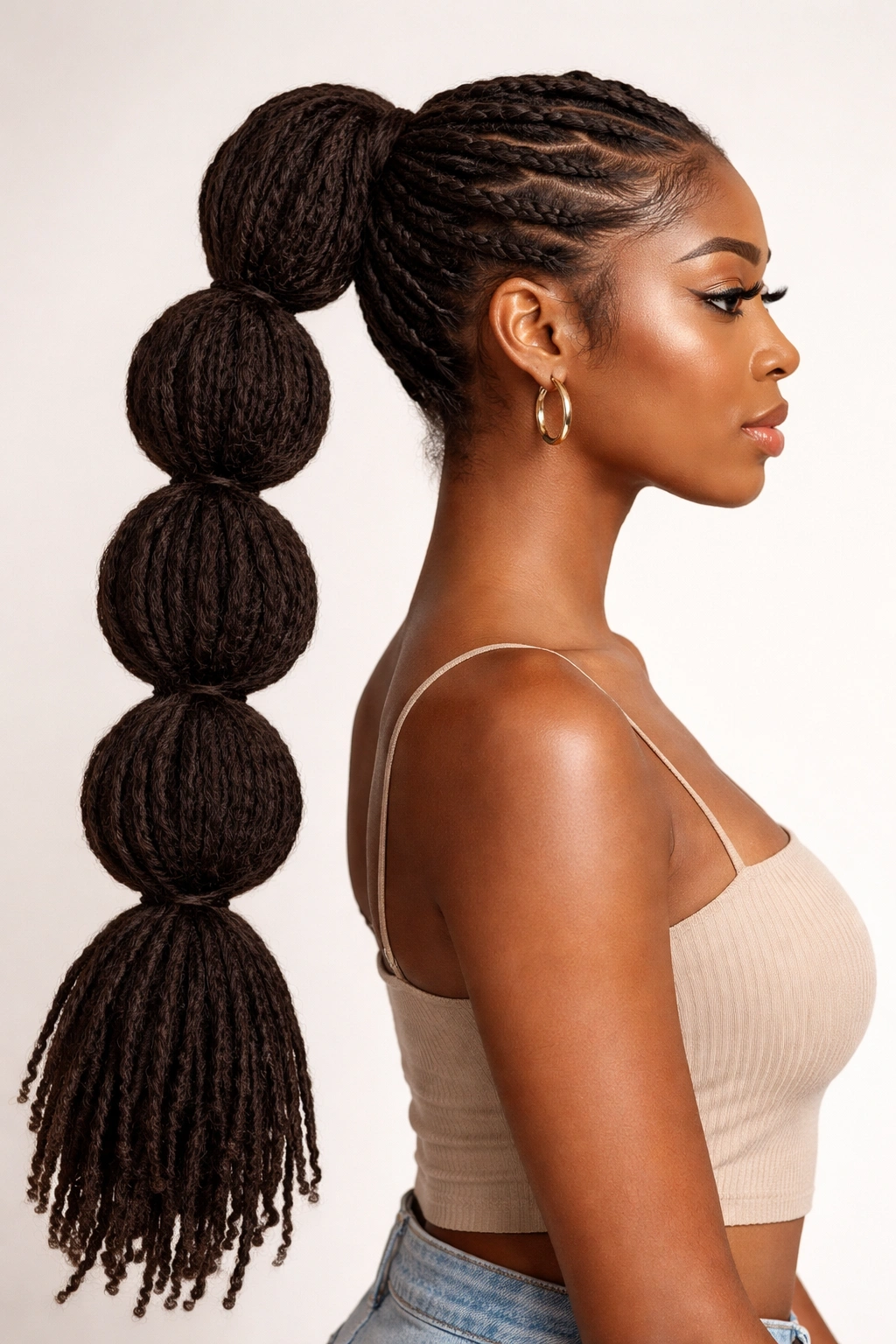 Close-up of feed-in bubble ponytail showing seamless blend between natural locs and extensions