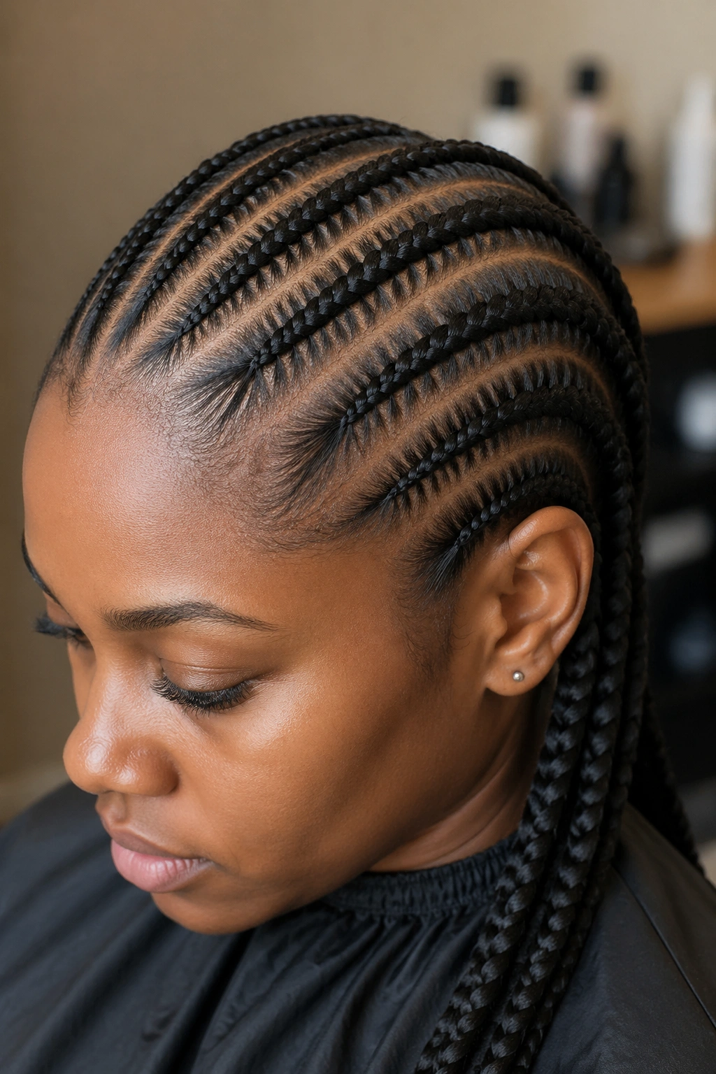 Close-up of a real person's cornrow showing feed-in attachment at the root with kanekalon blending into length
