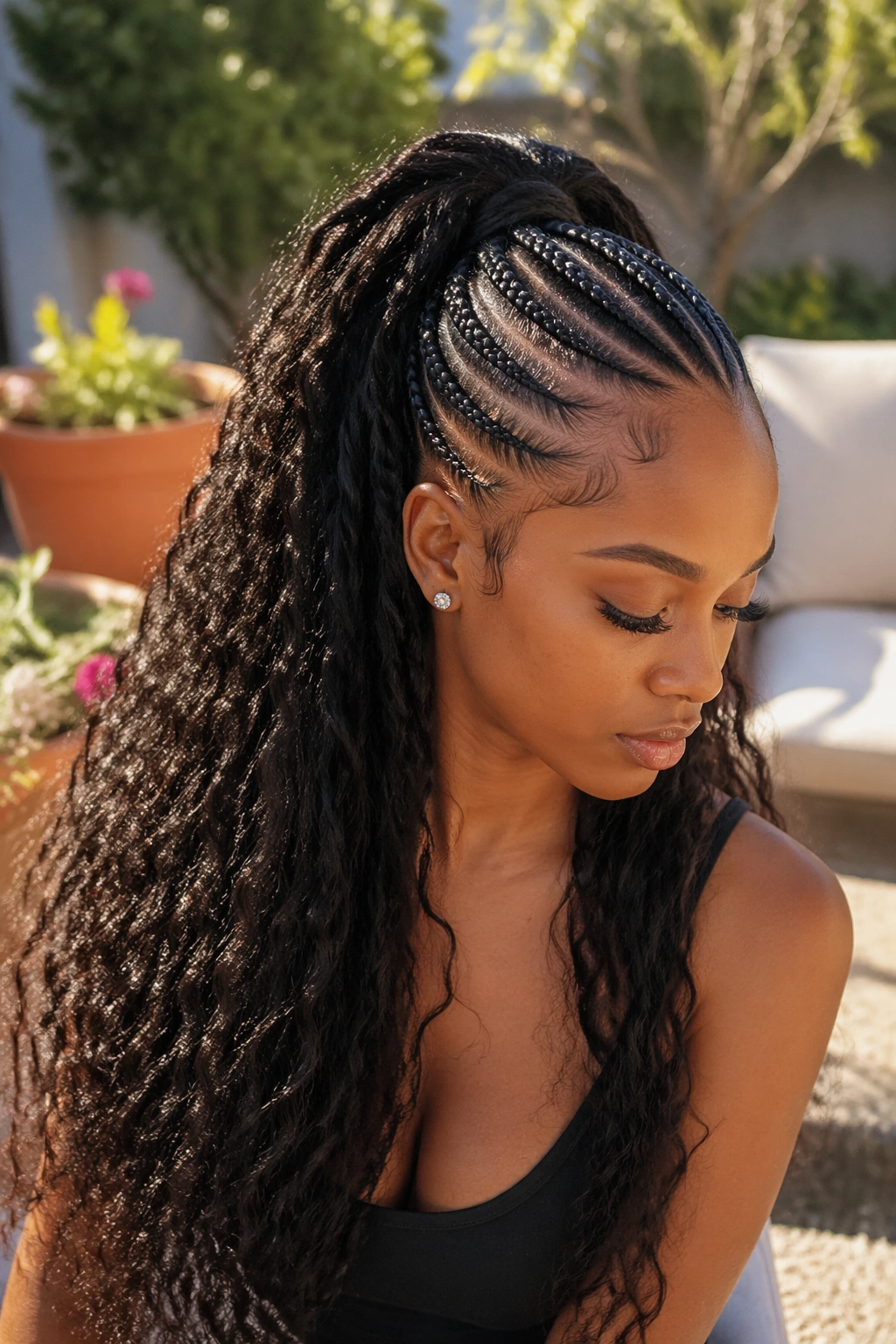 Close-up of a real woman with feed-in cornrows feeding into a half ponytail