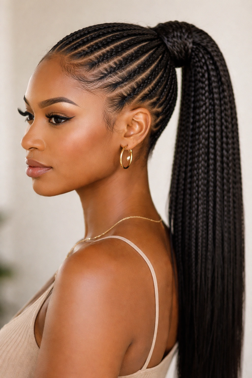 Feed-in cornrow ponytail with slender braids thickening into a smooth ponytail