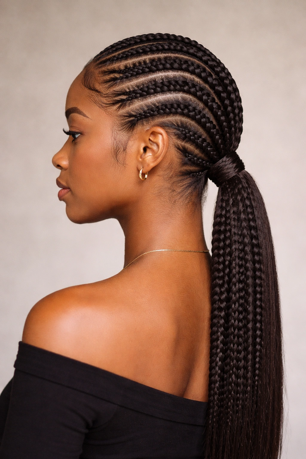 Close-up of tight feed-in cornrows converging into a low ponytail at the nape