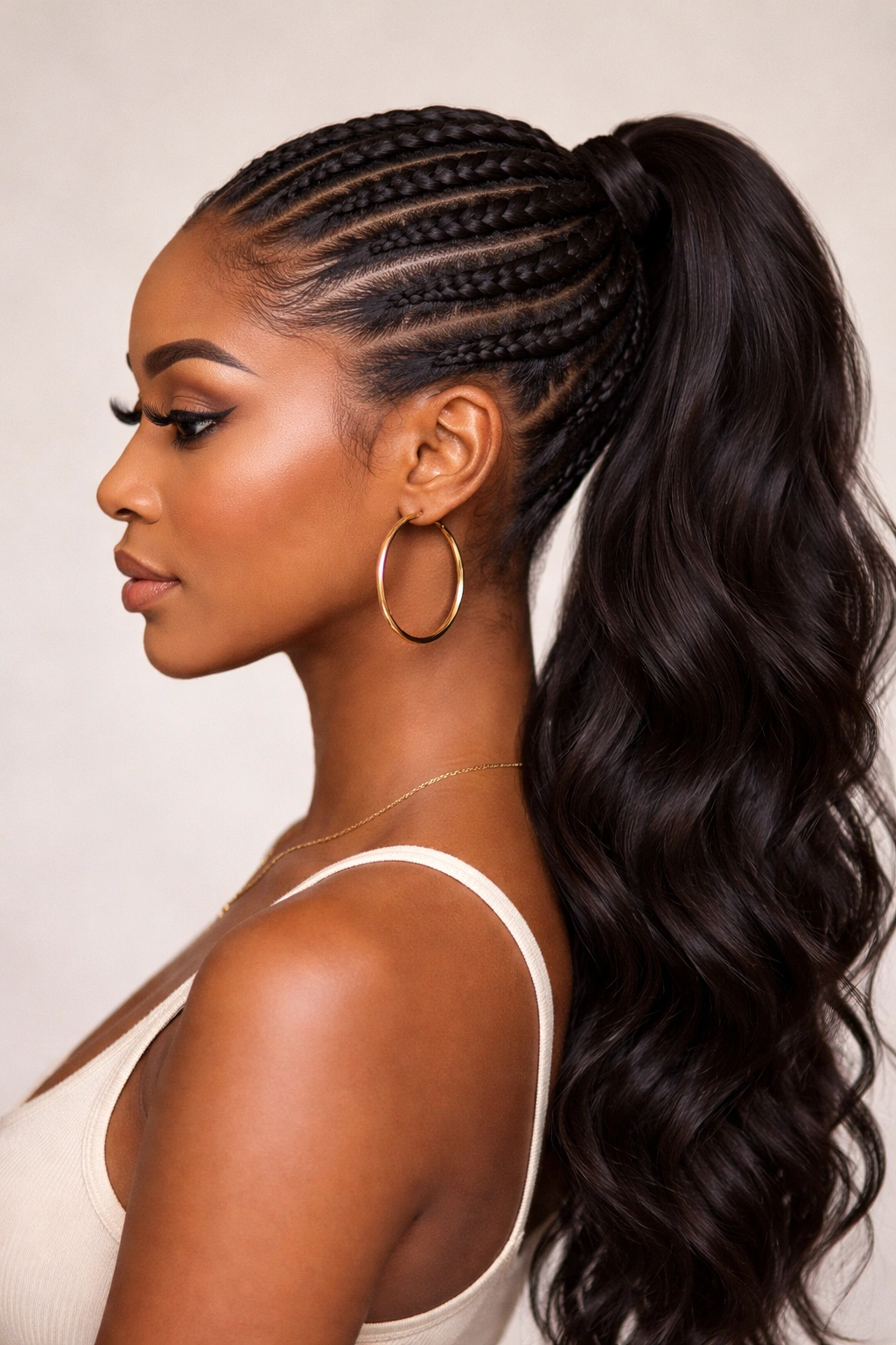 Side profile of feed-in cornrow ponytail with neat braids leading into a loose ponytail