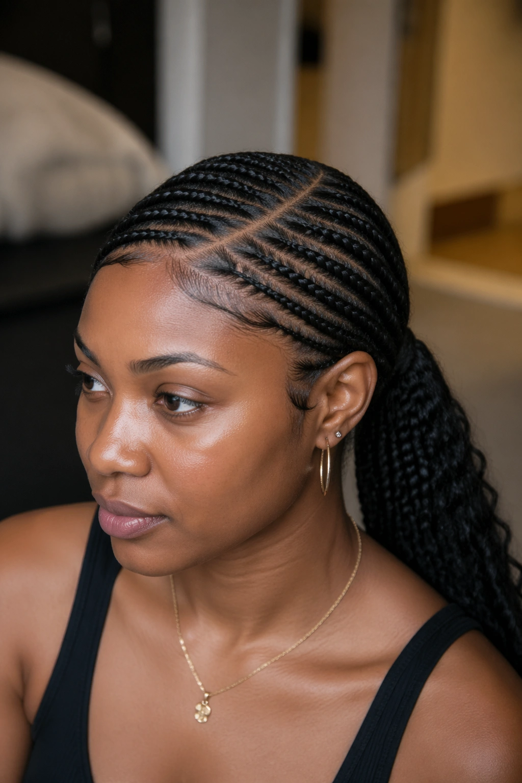 Close-up of a Black woman with feed-in cornrow side part ponytail indoors.