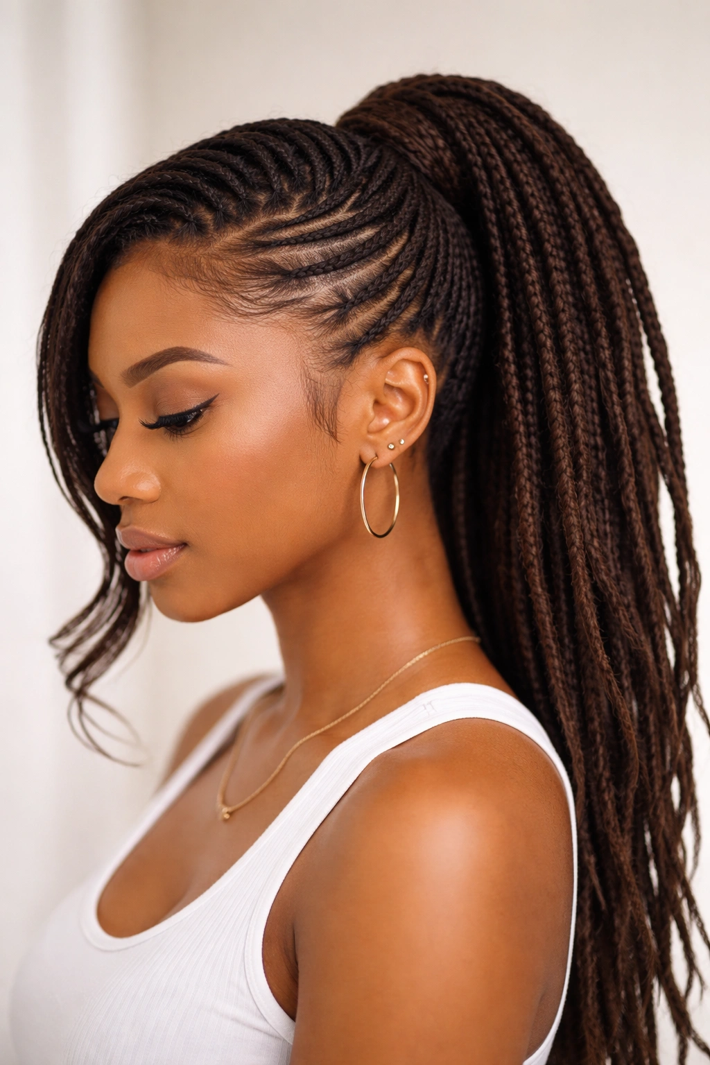 Close-up of a feed-in cornrow swoop ponytail on locs with front flat cornrows