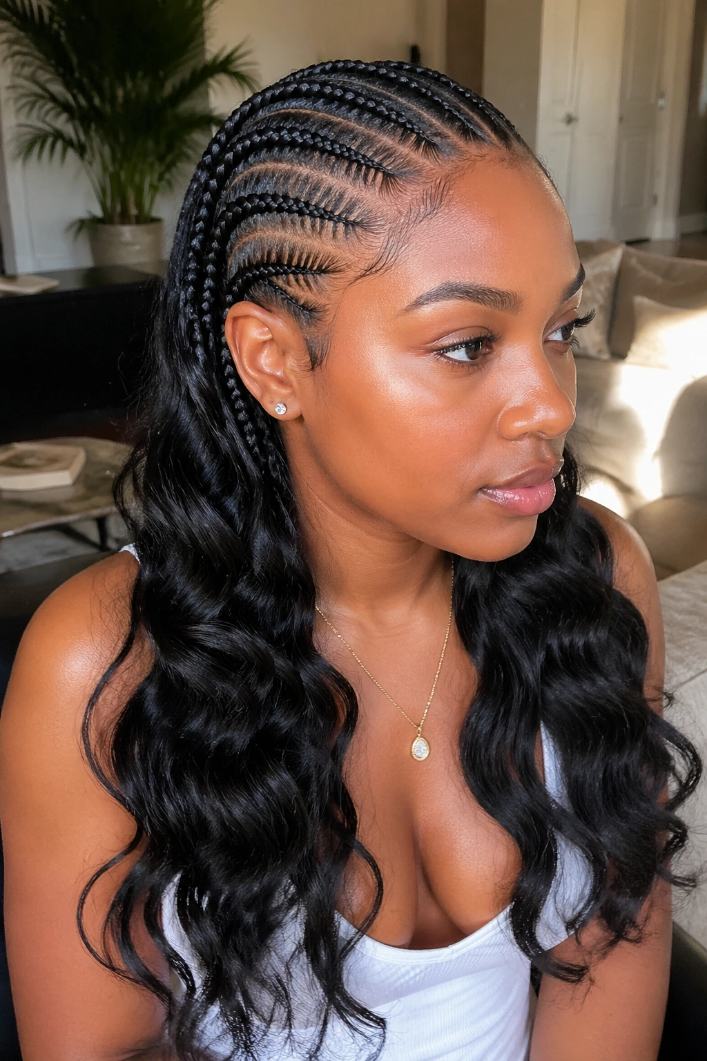 Real person close-up with feed-in cornrows and body wave ends