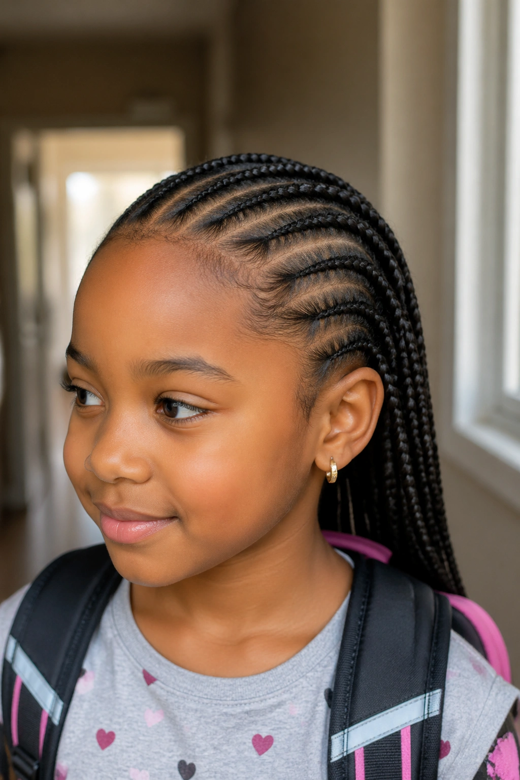 Head-and-shoulders portrait of a real girl with front cornrows feeding into box braids.