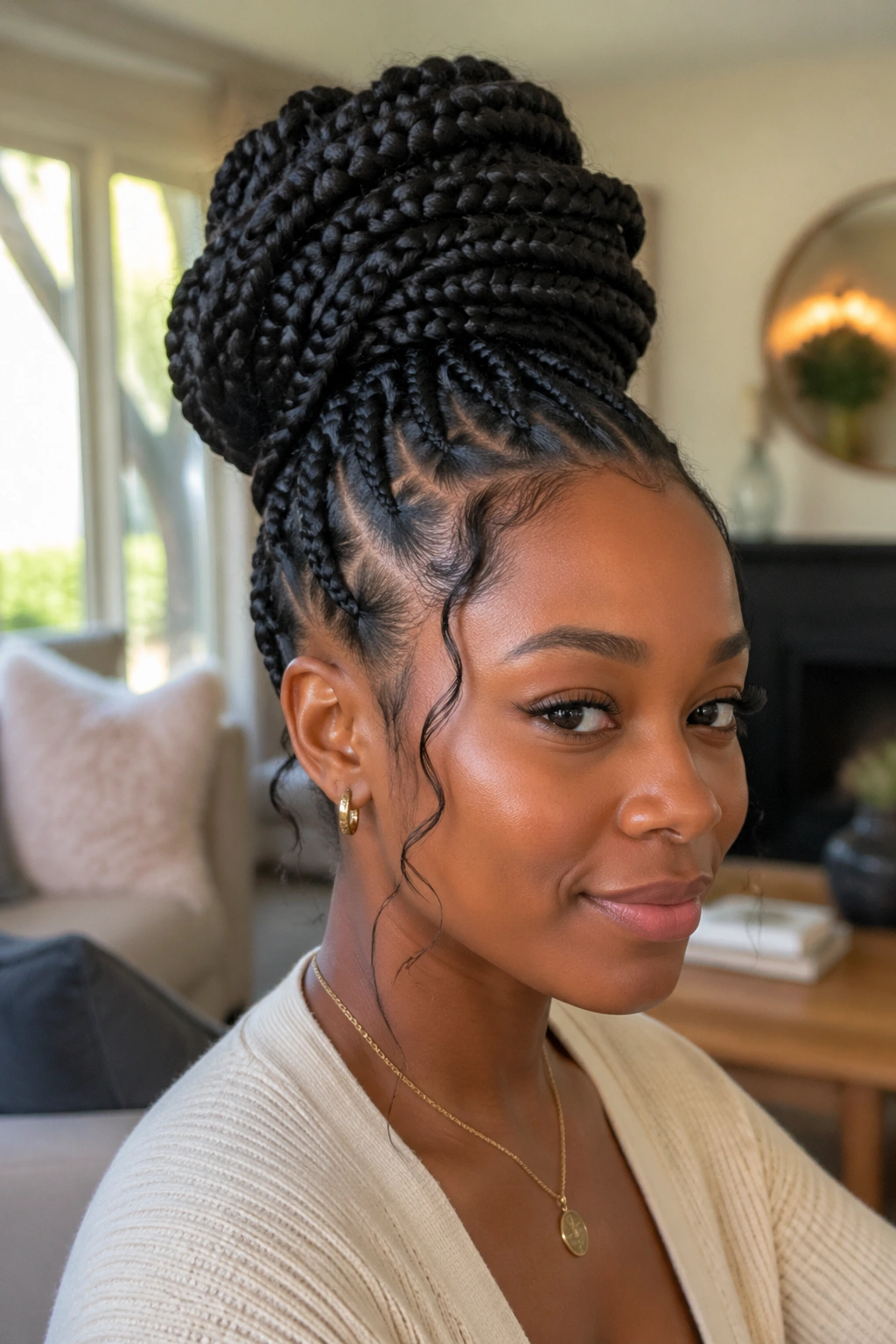 Close-up portrait of a real woman with feed-in cornrows and a voluminous bun