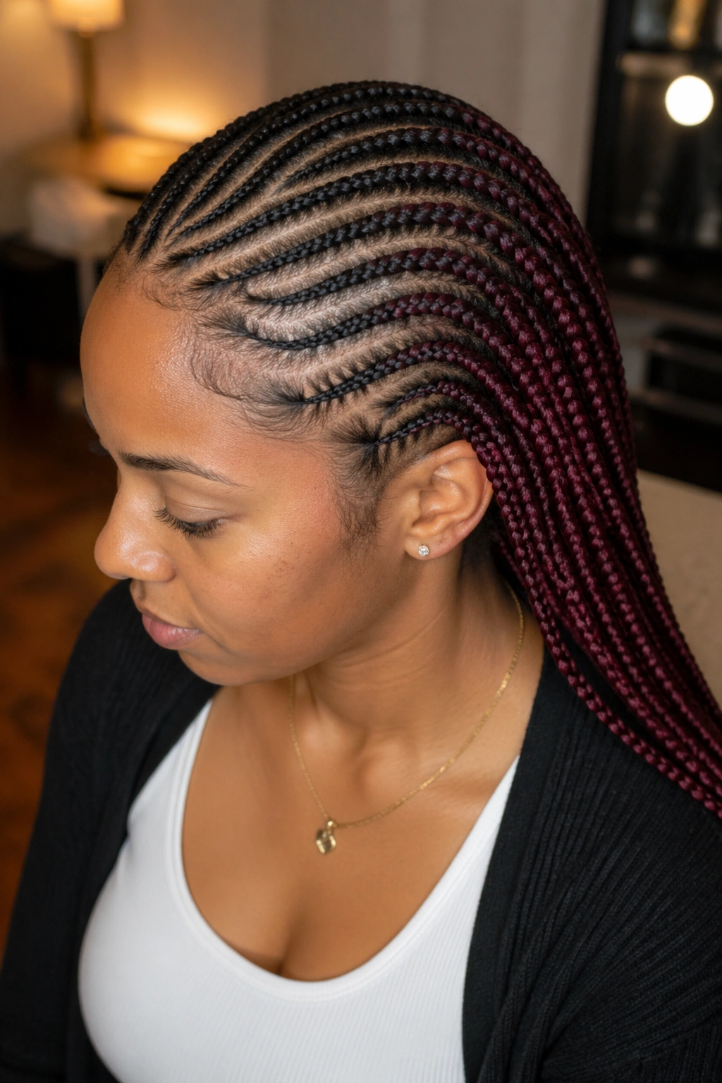 Close-up of natural cornrows transitioning to burgundy box braids on a real person, color contrast at the crown line.