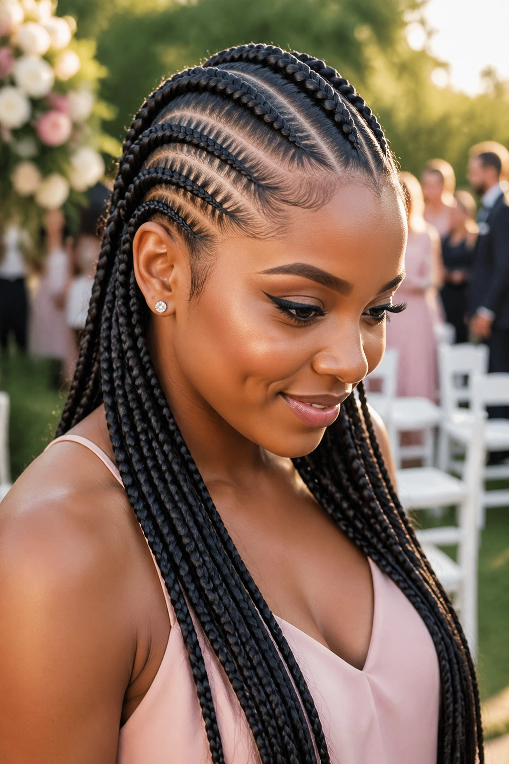 Close-up portrait of a real woman with feed-in center strip cornrows and side cornrows in a wedding garden setting