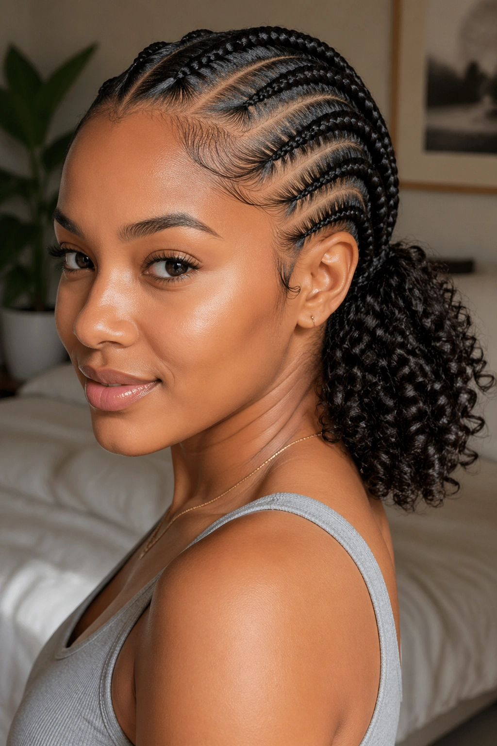 Close-up of a real woman's head with feed-in cornrows ending in curly kanekalon waves