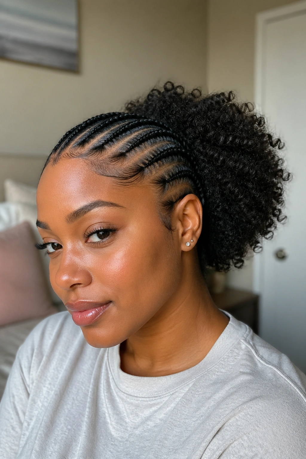 Real woman with feed-in cornrows leading to a curly puff back