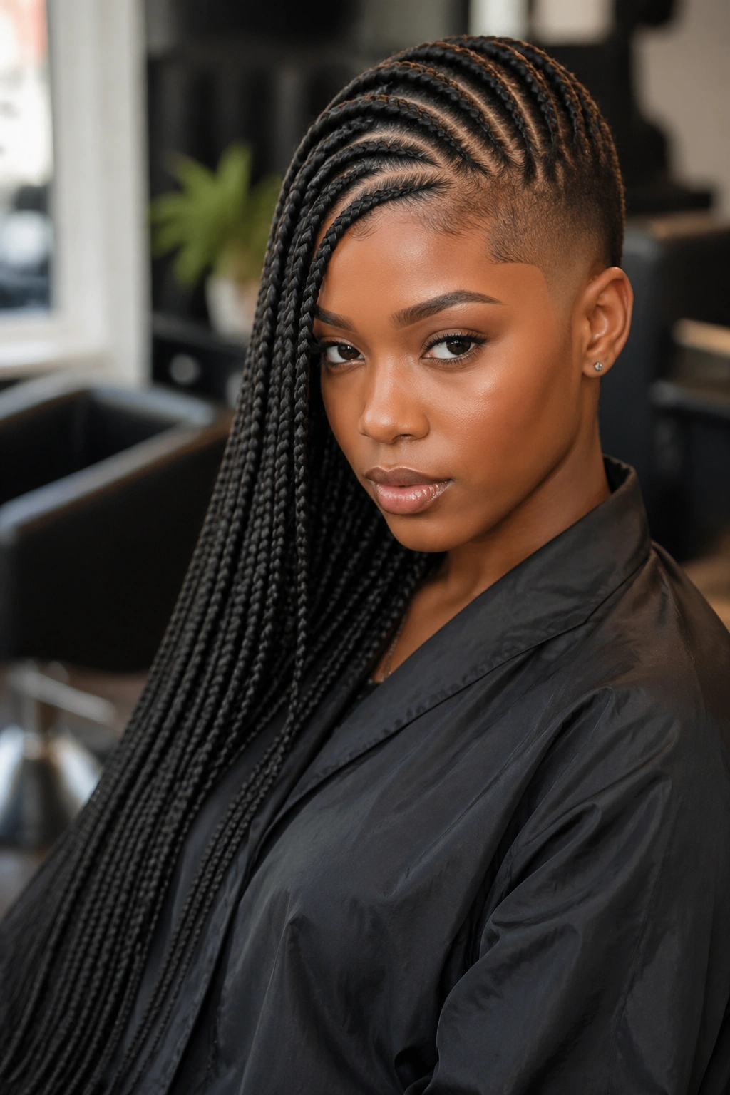 Close-up portrait of a real person with feed-in cornrows and a fade side in a salon.