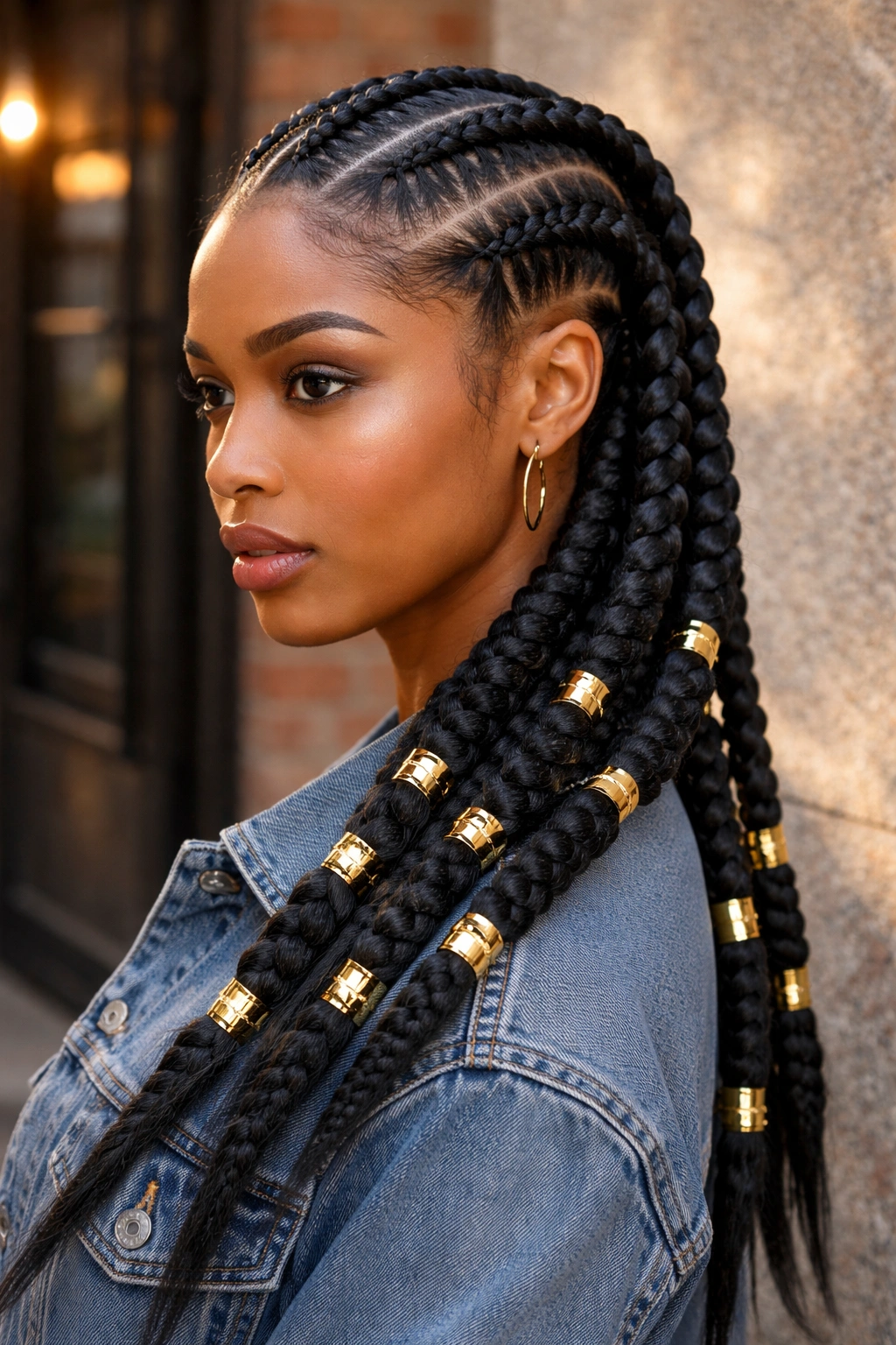 Close-up of thick feed-in cornrows with gold cuffs on a real person