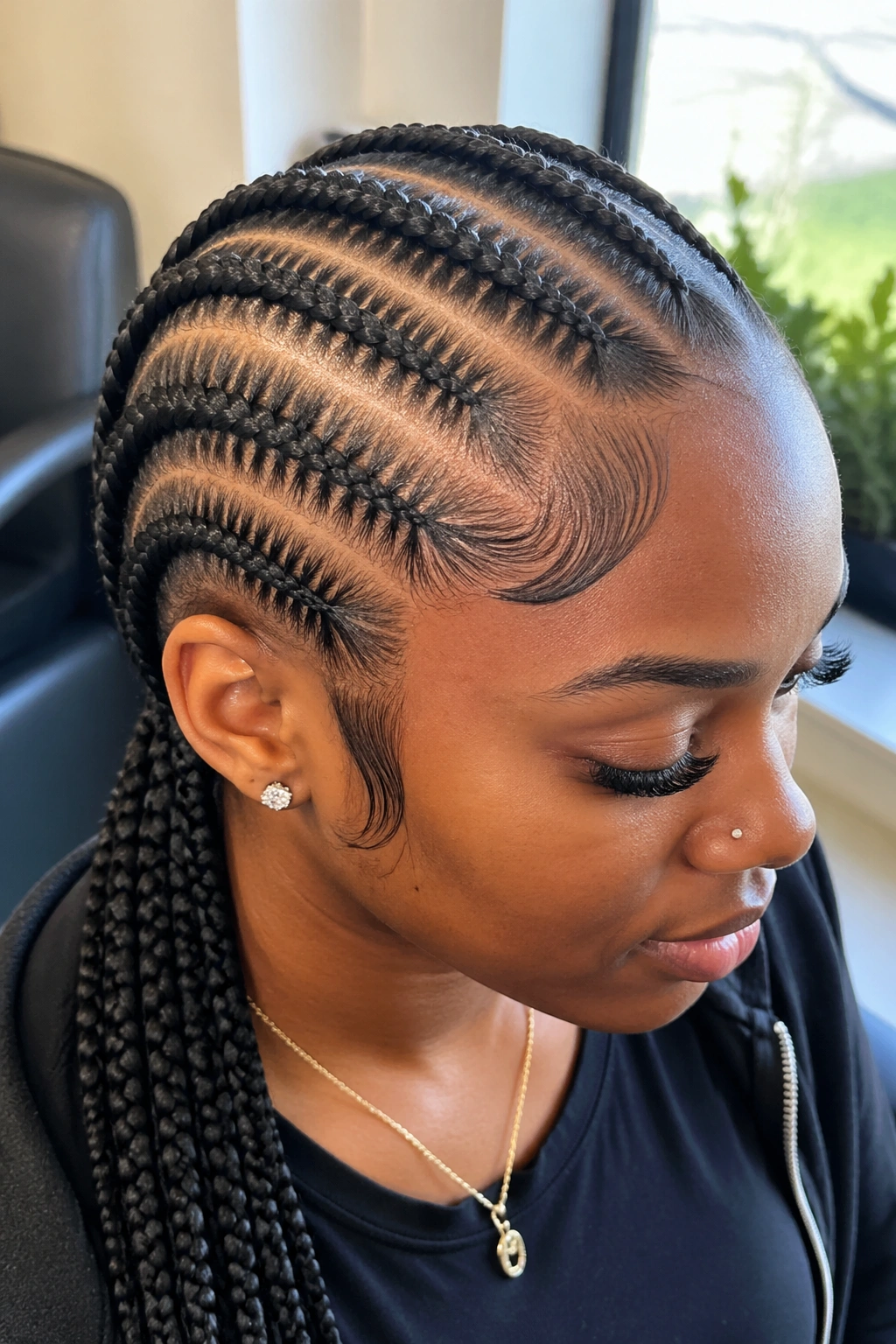 Close-up of a real person with feed-in cornrows showing the natural gradient from hairline to thicker midsection