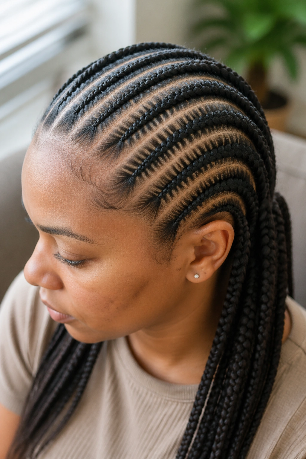 Close-up of cornrows with small feed-in pieces on a real person