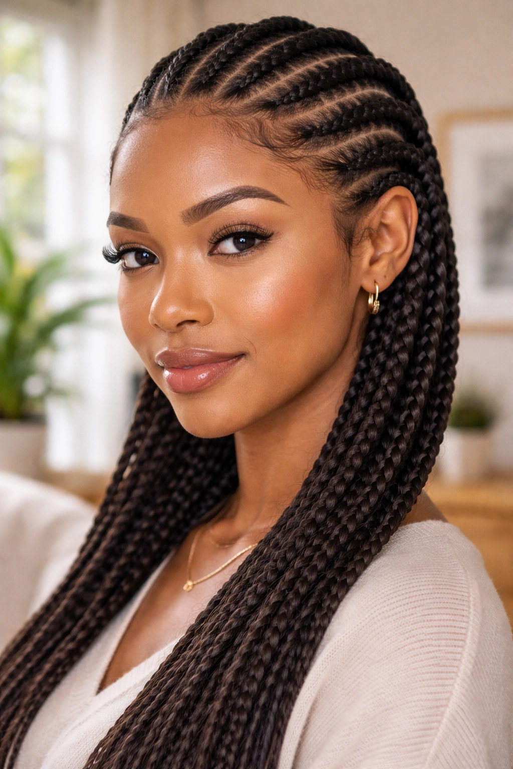 Portrait of a real woman with low-tension feed-in cornrows filling the frame.