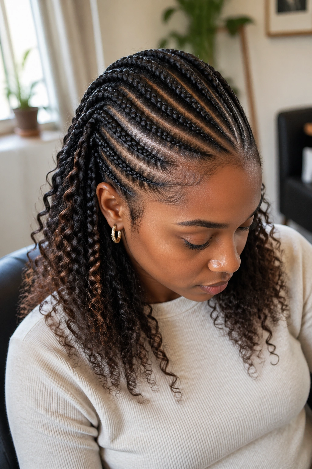 Portrait of a person with feed-in cornrows and natural ends showing curl texture at tips