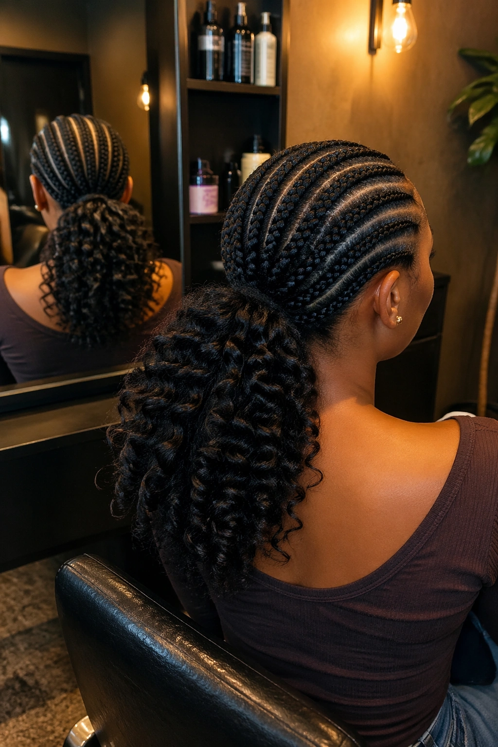 Feed-in cornrows with curly ponytail ends in salon chair.