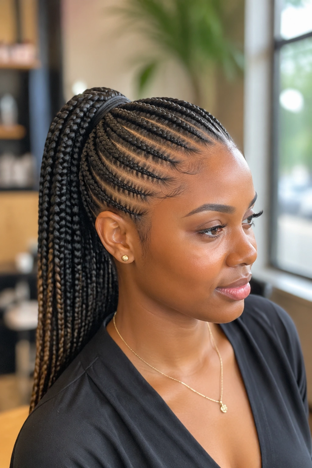 Close-up portrait of a real woman with feed-in cornrows forming a ponytail.