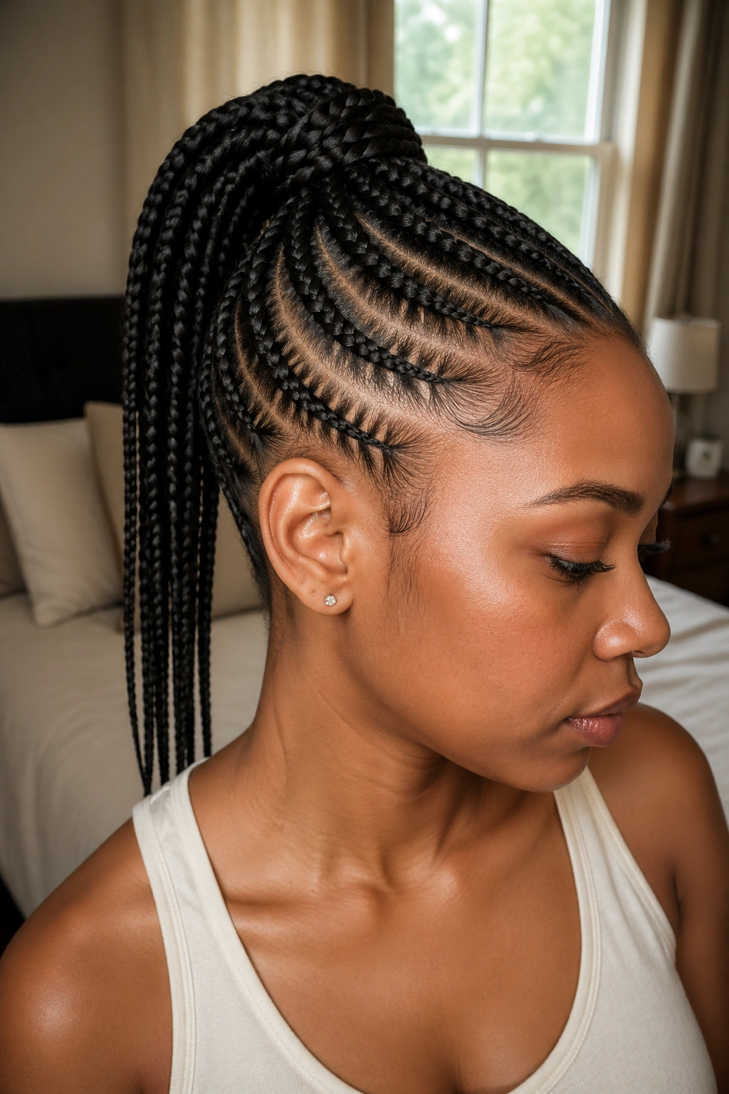 Close-up portrait of a real Black woman with feed-in cornrows forming a ponytail on short natural hair