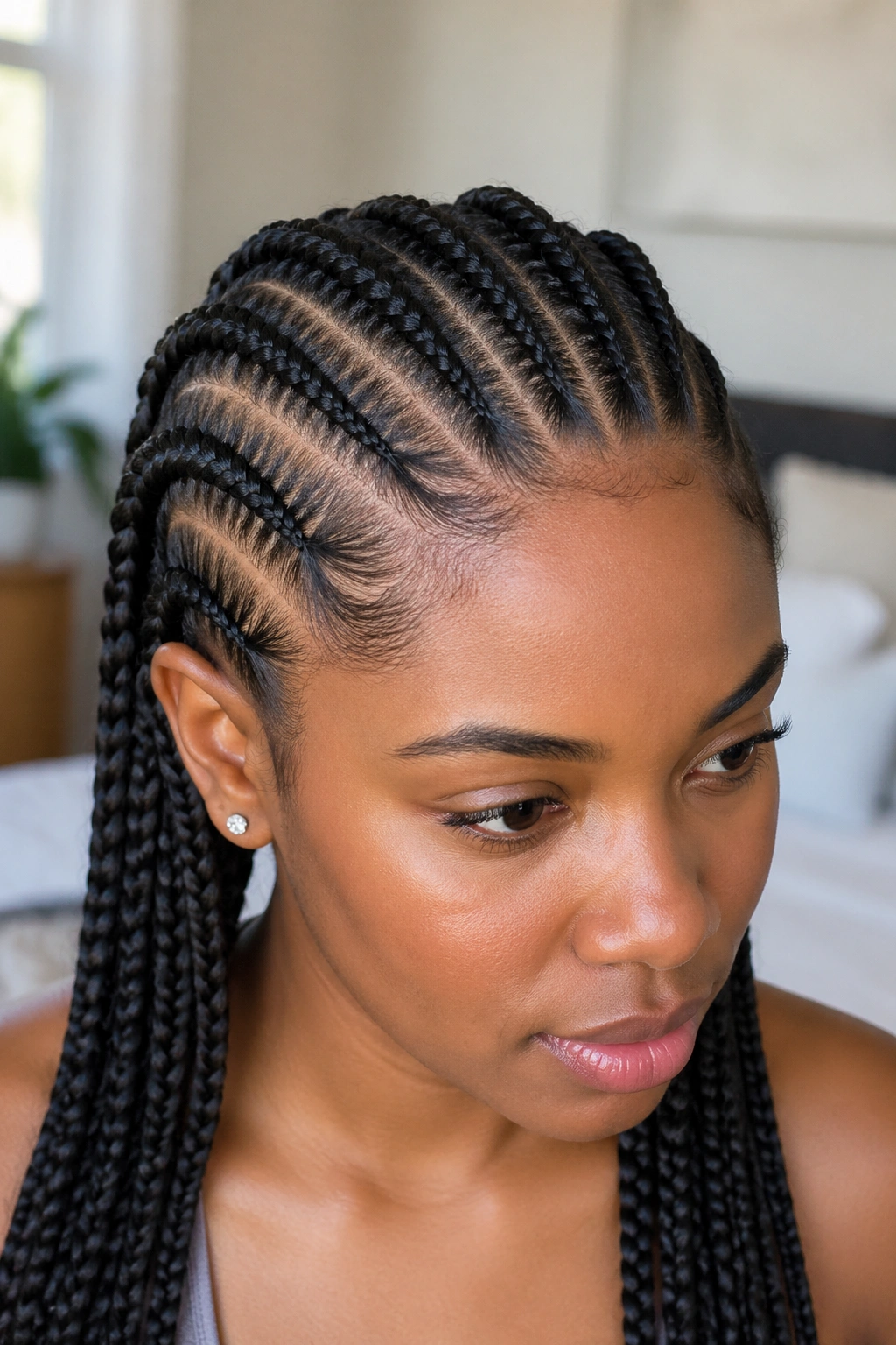 Close-up of a real woman with feed-in cornrows in a bright bedroom