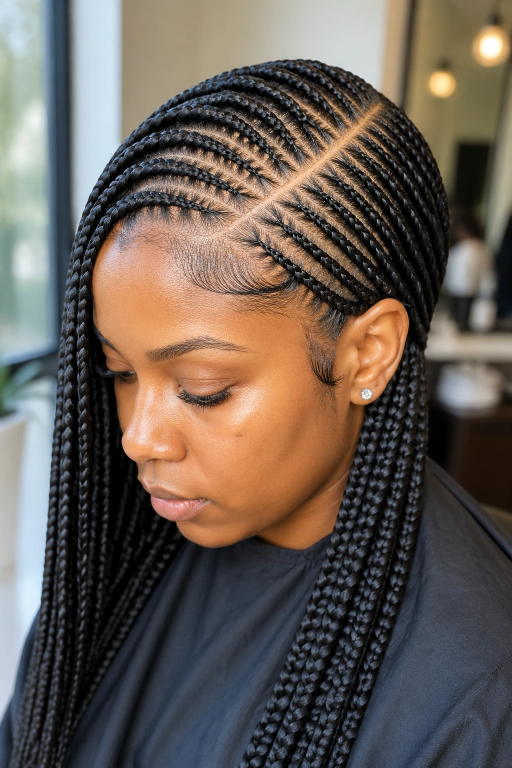 Real person with feed-in cornrows and long side part in daylight