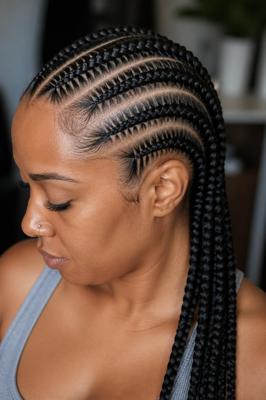 Close-up of feed-in cornrows with stitch detail on a real person's head