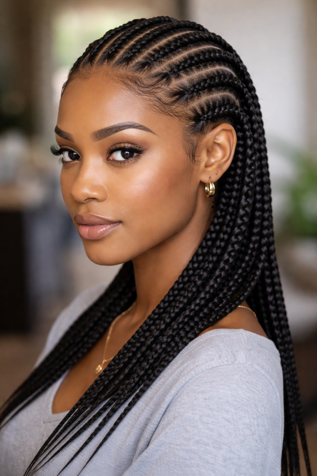 Portrait of a real woman with feed-in cornrows with tapered ends