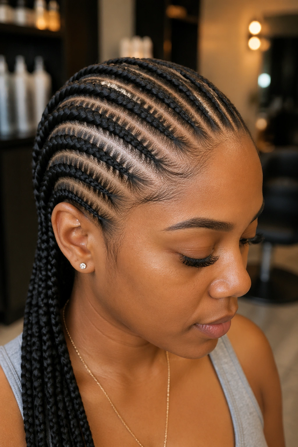 Close-up of feed-in cornrows showing tapered roots