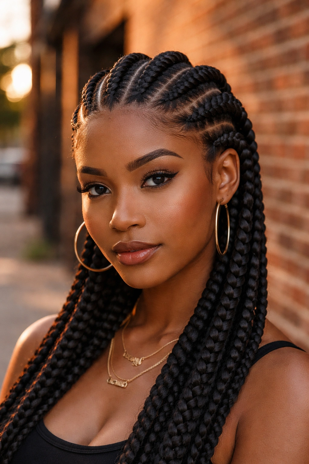 Close-up portrait of a woman with seven wide feed-in cornrows on thick hair in an urban setting.