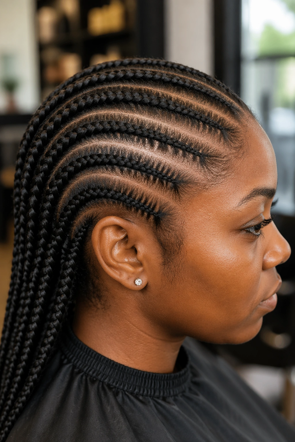 Side profile showing feed-in cornrows with seamless blend