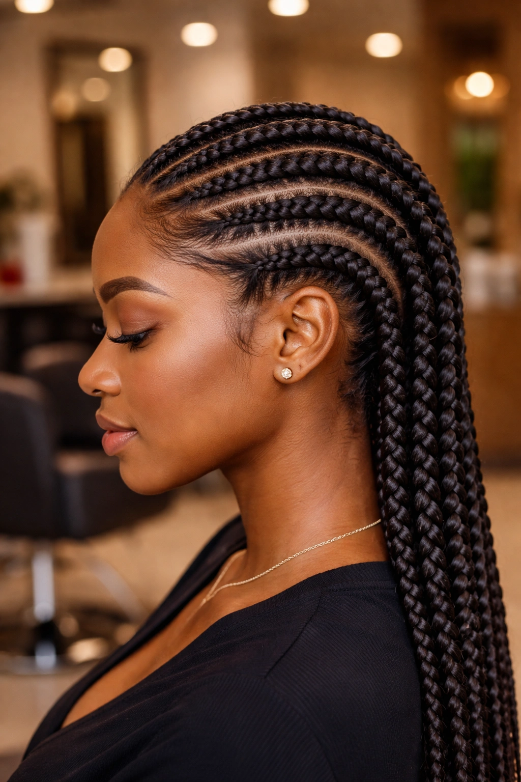 Close-up of a real person's head showing feed-in cornrows with gradient thickness.